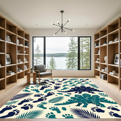 Dinosaur Track Tropical Forest Teal Navy Rug