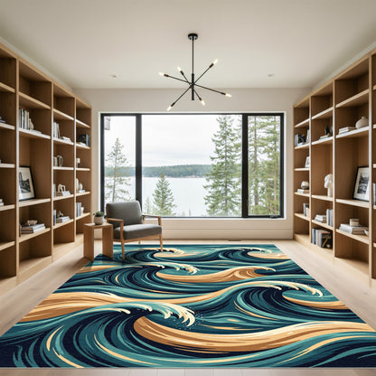 Ocean Swell Teal and Golden Wave Rug