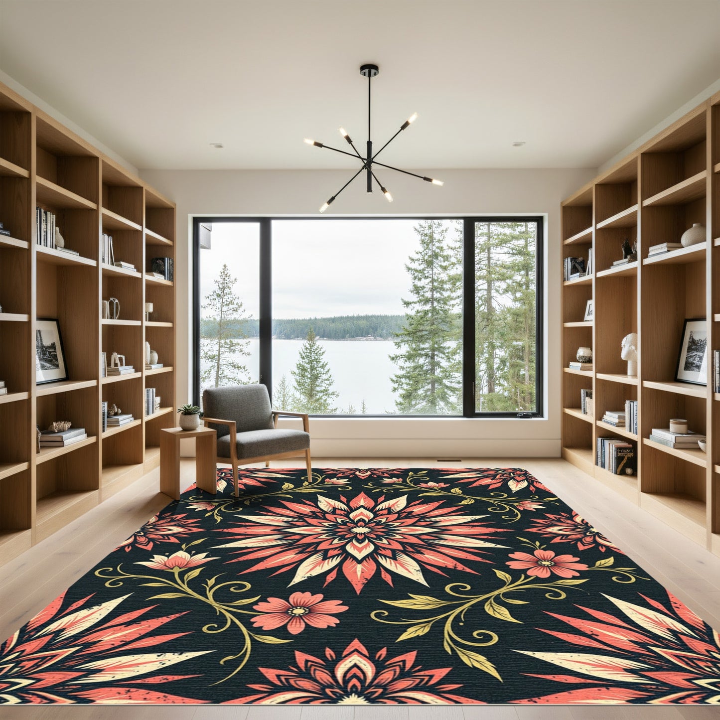 Coral Lotus Floral Dark Botanical Rug