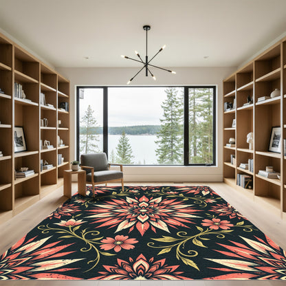 Coral Lotus Floral Dark Botanical Rug