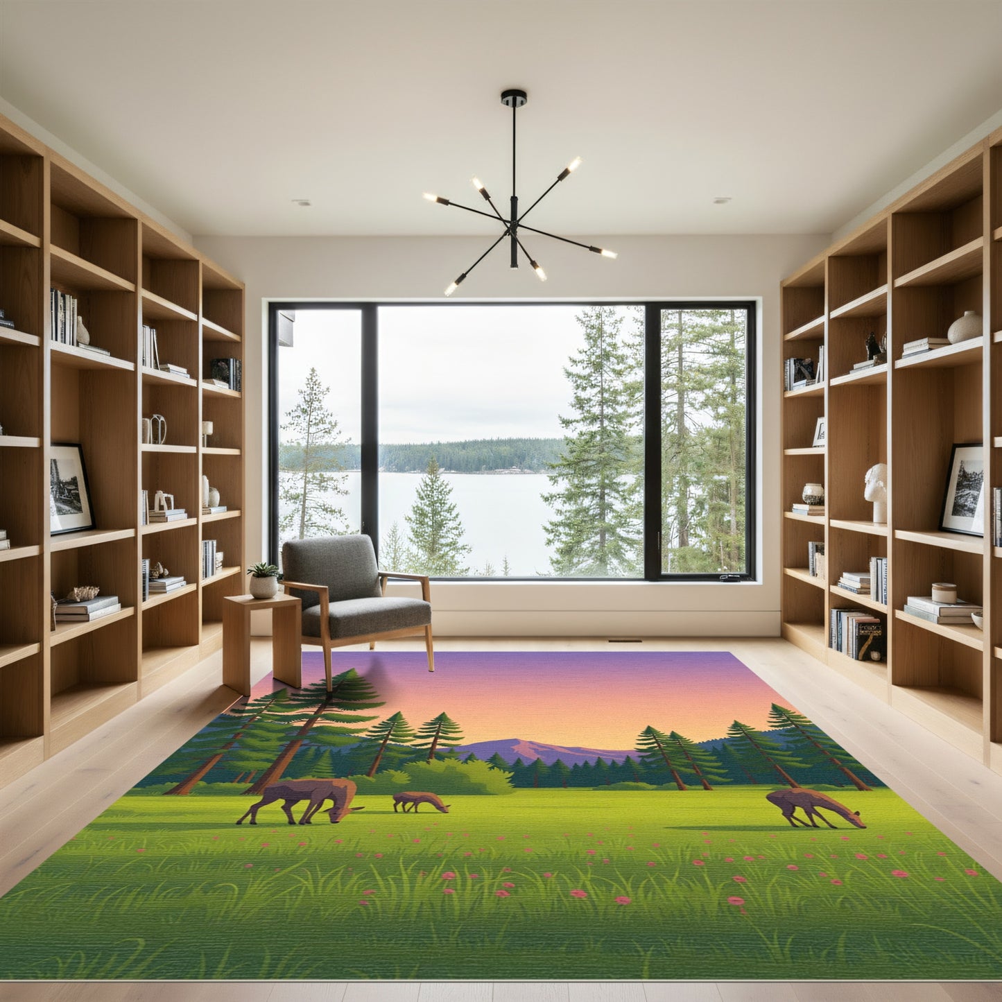 Peaceful Meadow Deer Sunset Landscape Rug