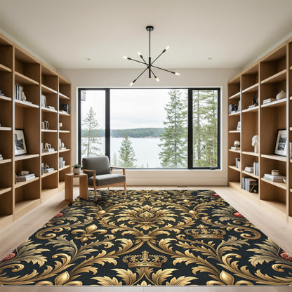 Royal Gold Fleur-de-lis Black Damask Rug