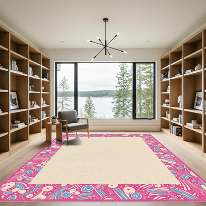 Vibrant Pink Blue Abstract Swirl Border Rug