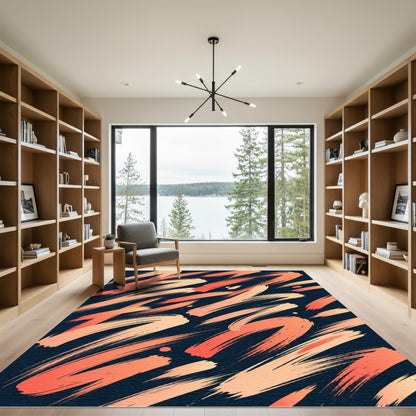 Coral Orange Brushstrokes on Dark Navy Rug