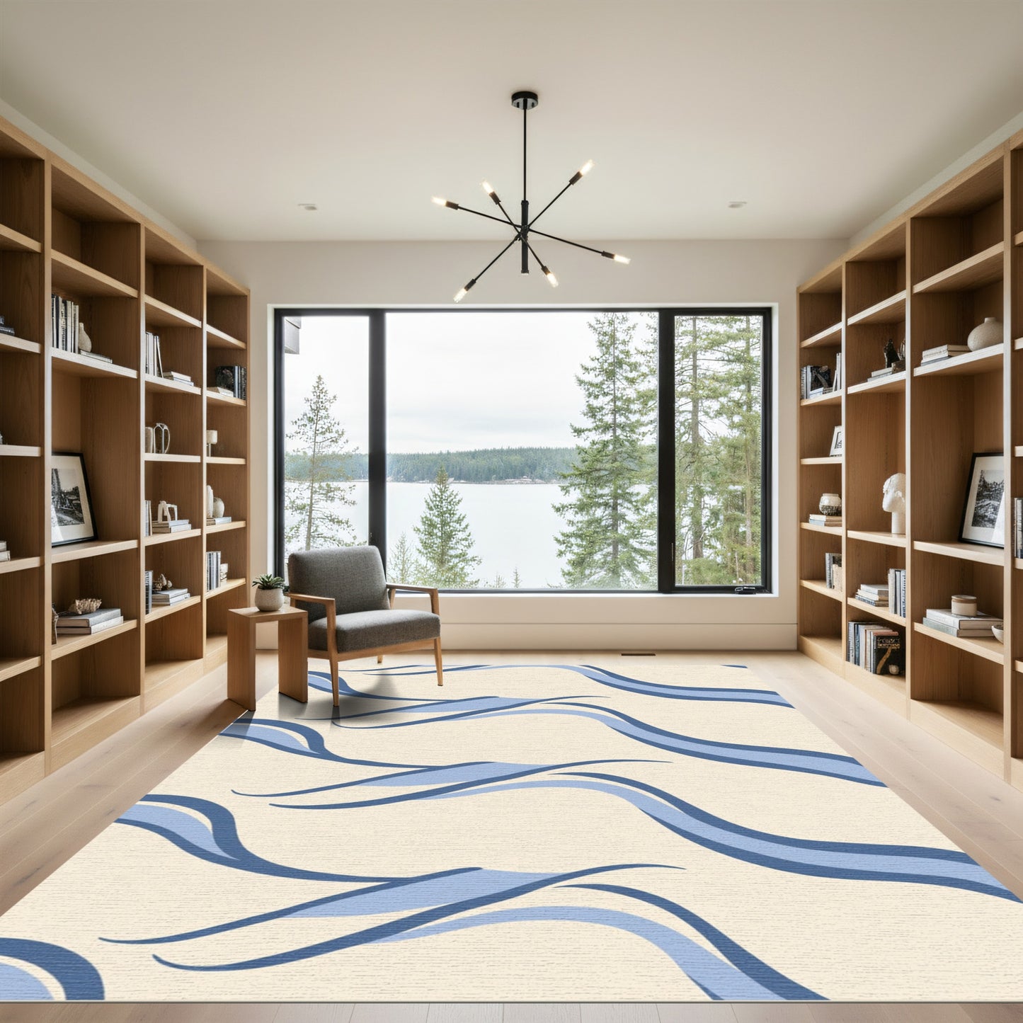 Cream and Blue Serpentine Swirls Rug