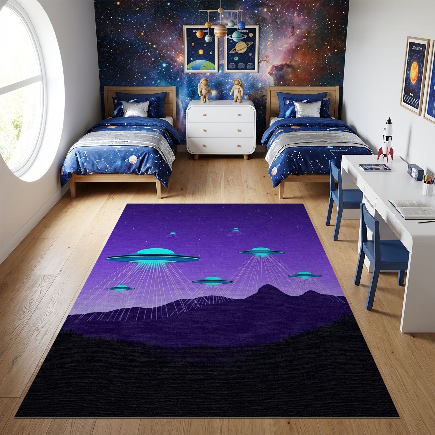 Neon Glowing UFOs Purple Mountains Rug