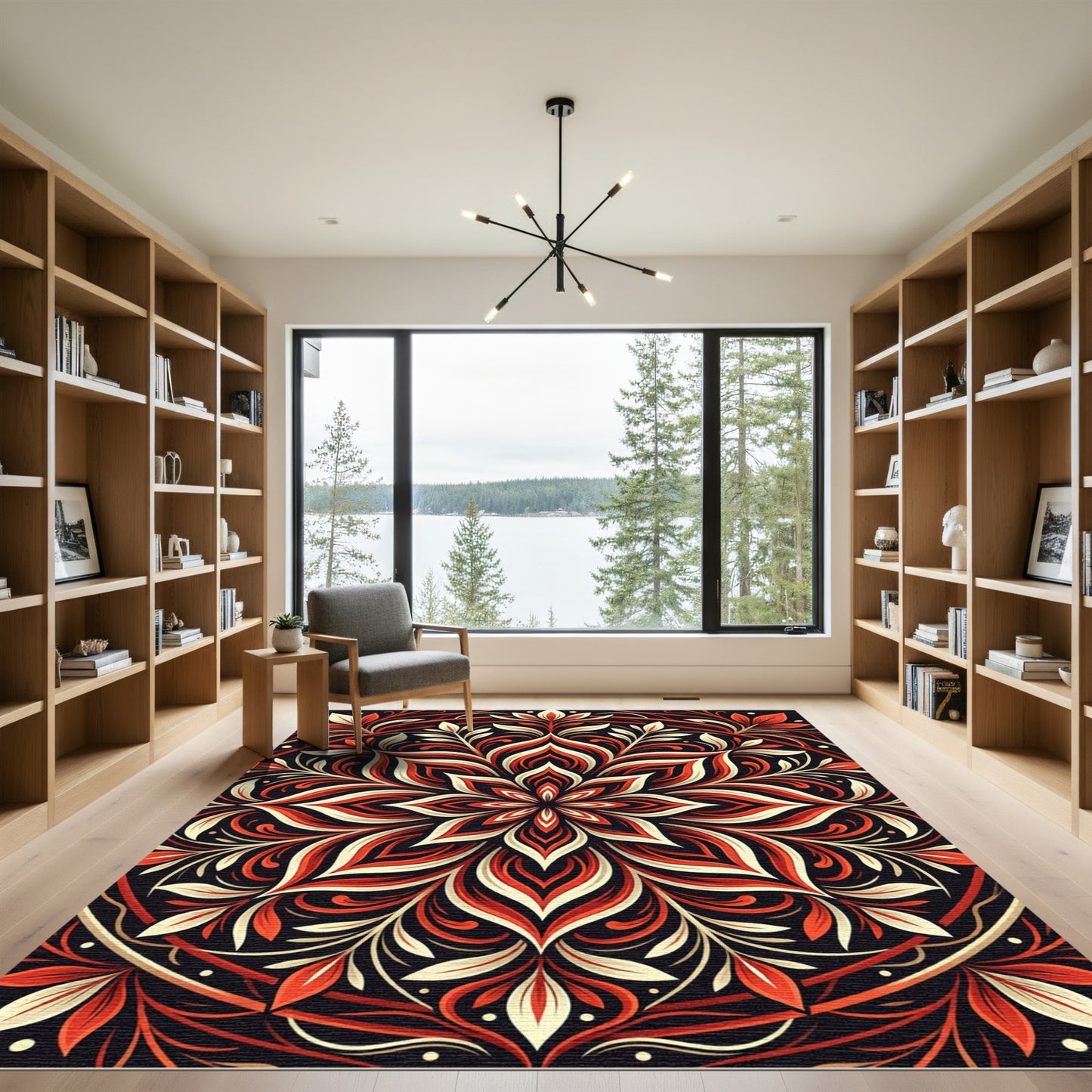 Crimson Cream Floral Mandala Art Rug