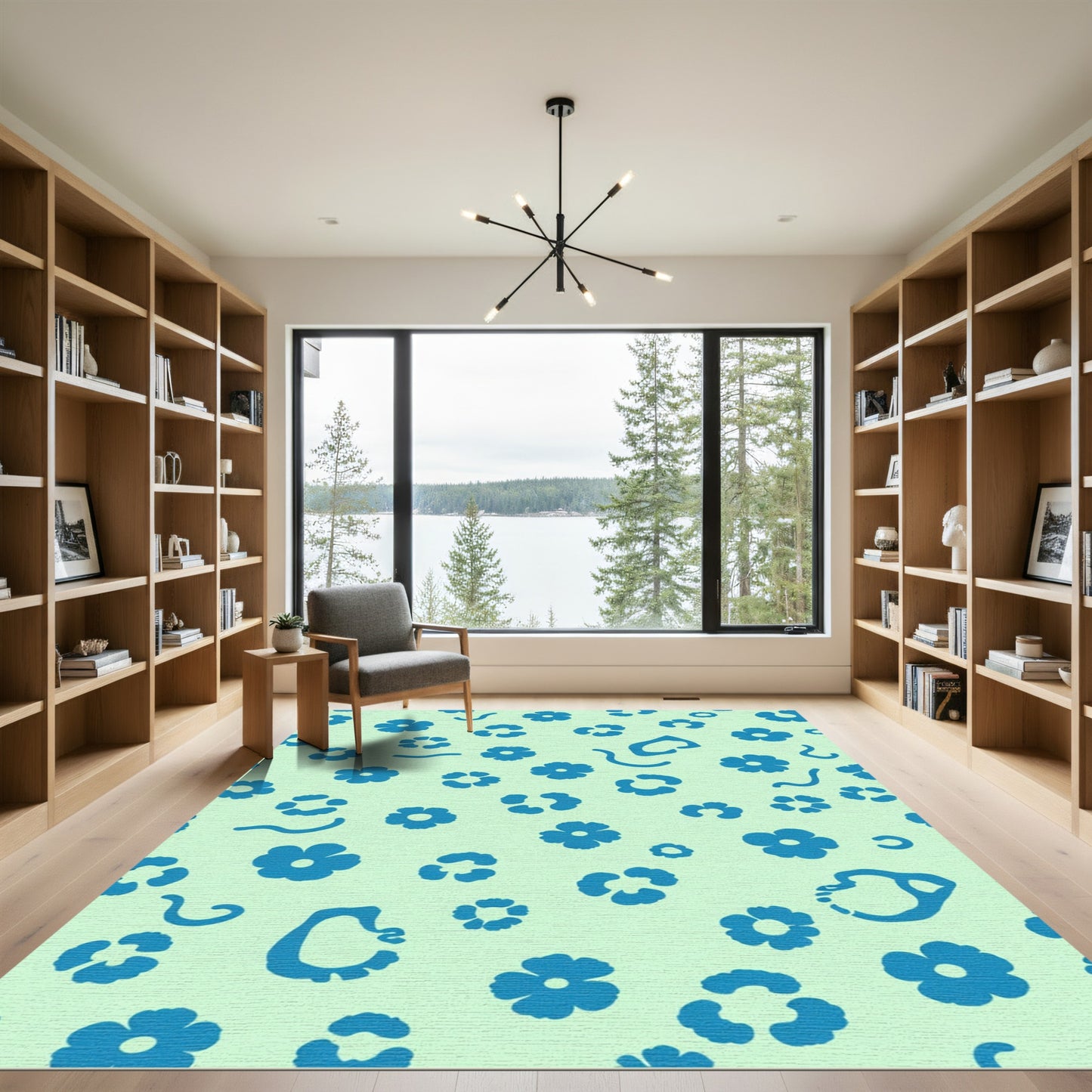 Aqua Blue Scattered Floral Charm Rug