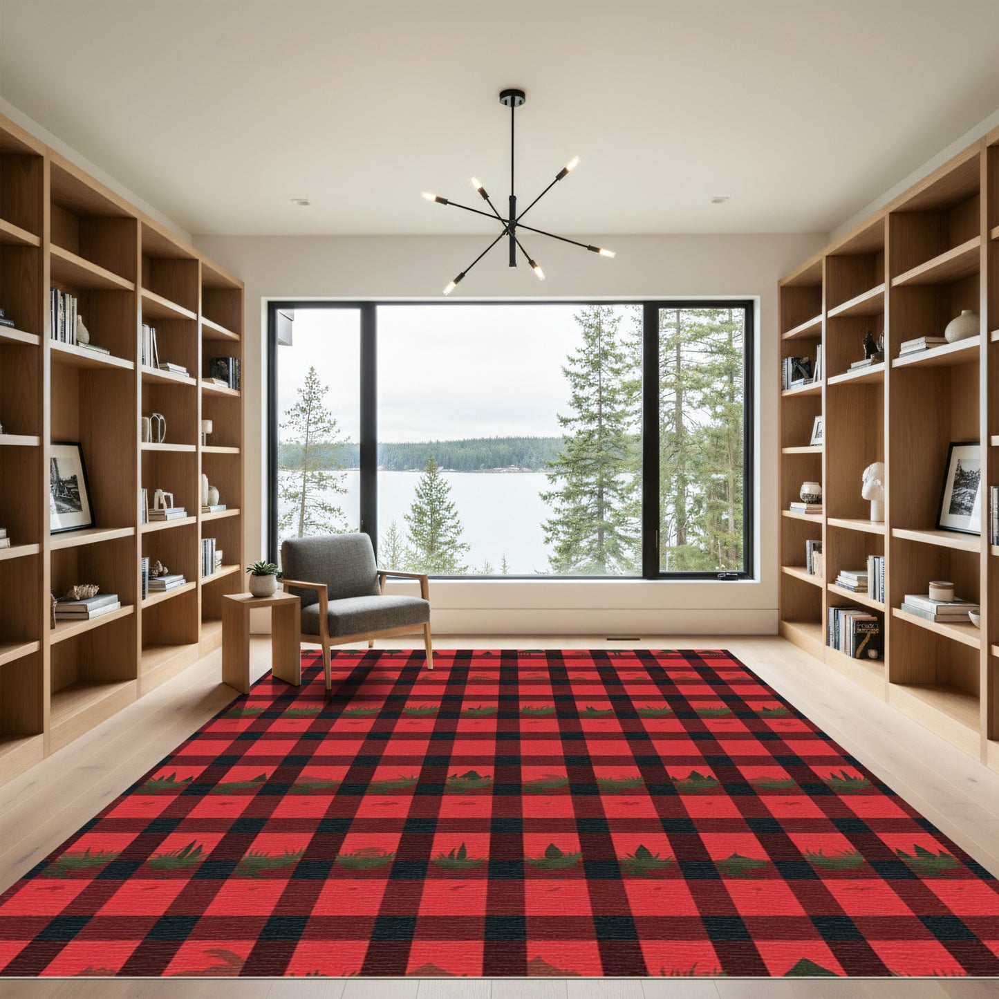 Red Black Lumberjack Country Scene Rug