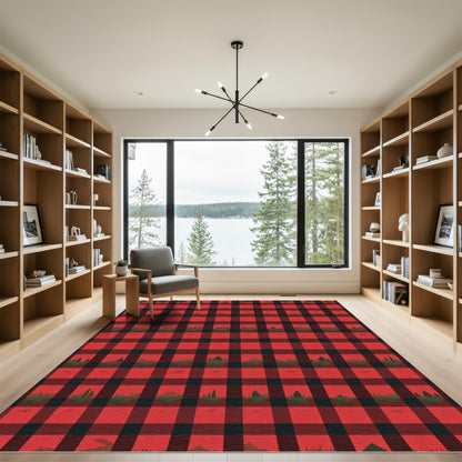 Red Black Lumberjack Country Scene Rug