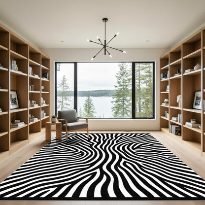 Black White Wavy Stripe Abstract Rug