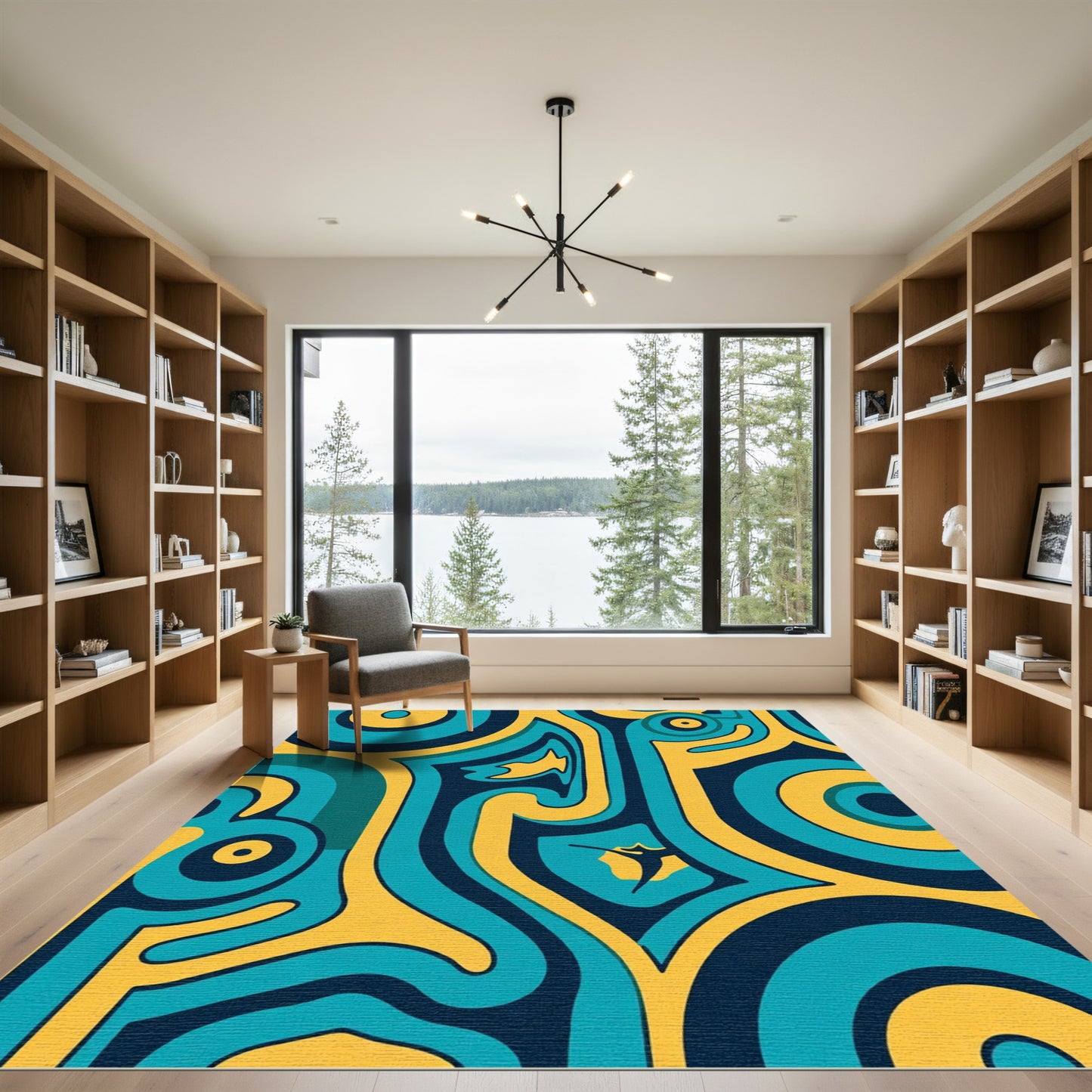 Vibrant Teal Yellow Swirl Abstraction Rug