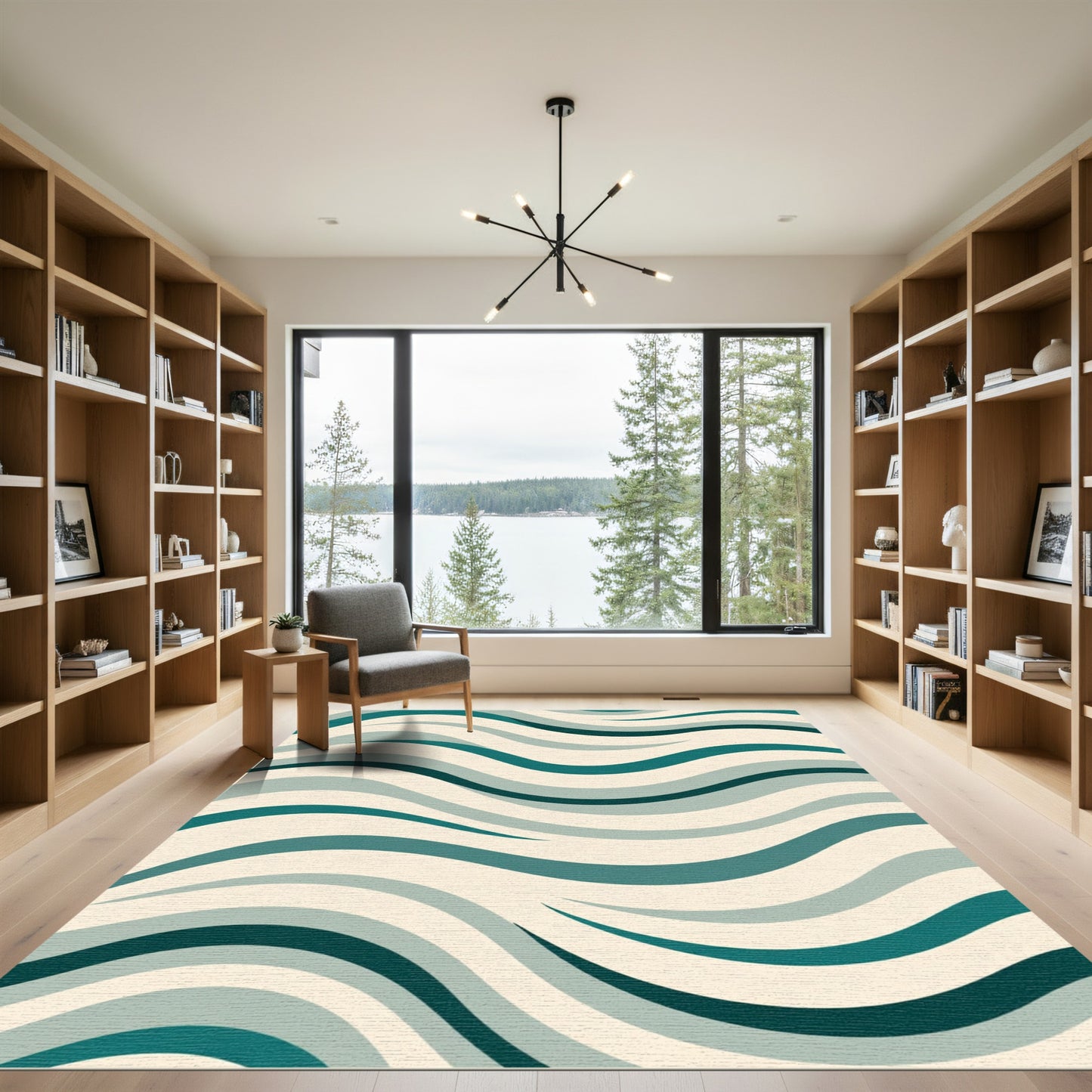 Teal and Cream Wave Pattern Rug
