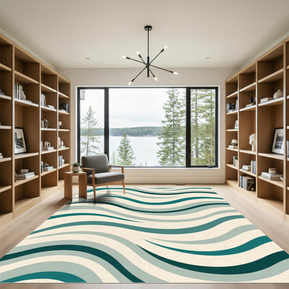 Teal and Cream Wave Pattern Rug