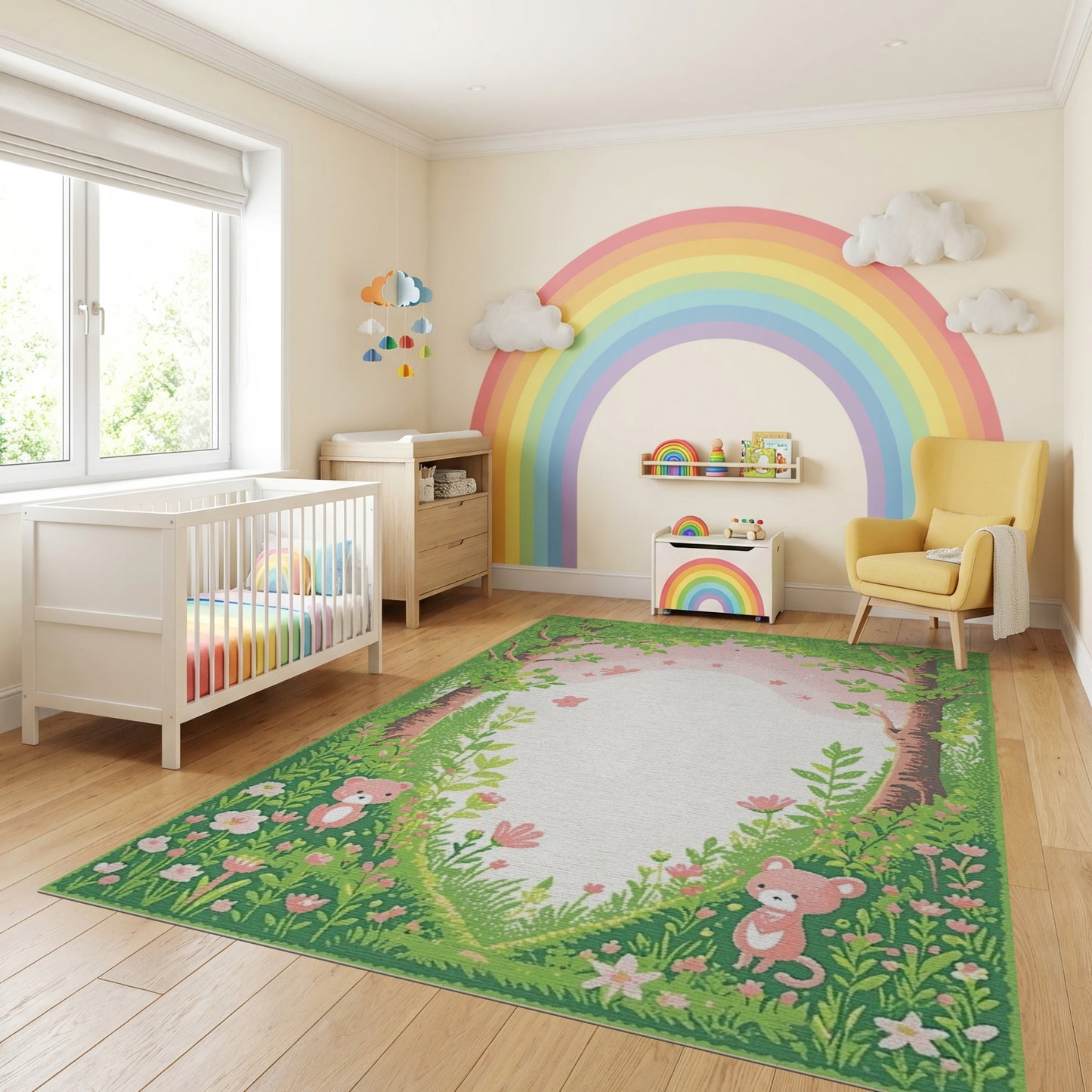 Whimsical Forest Teddy Bears Floral Rug