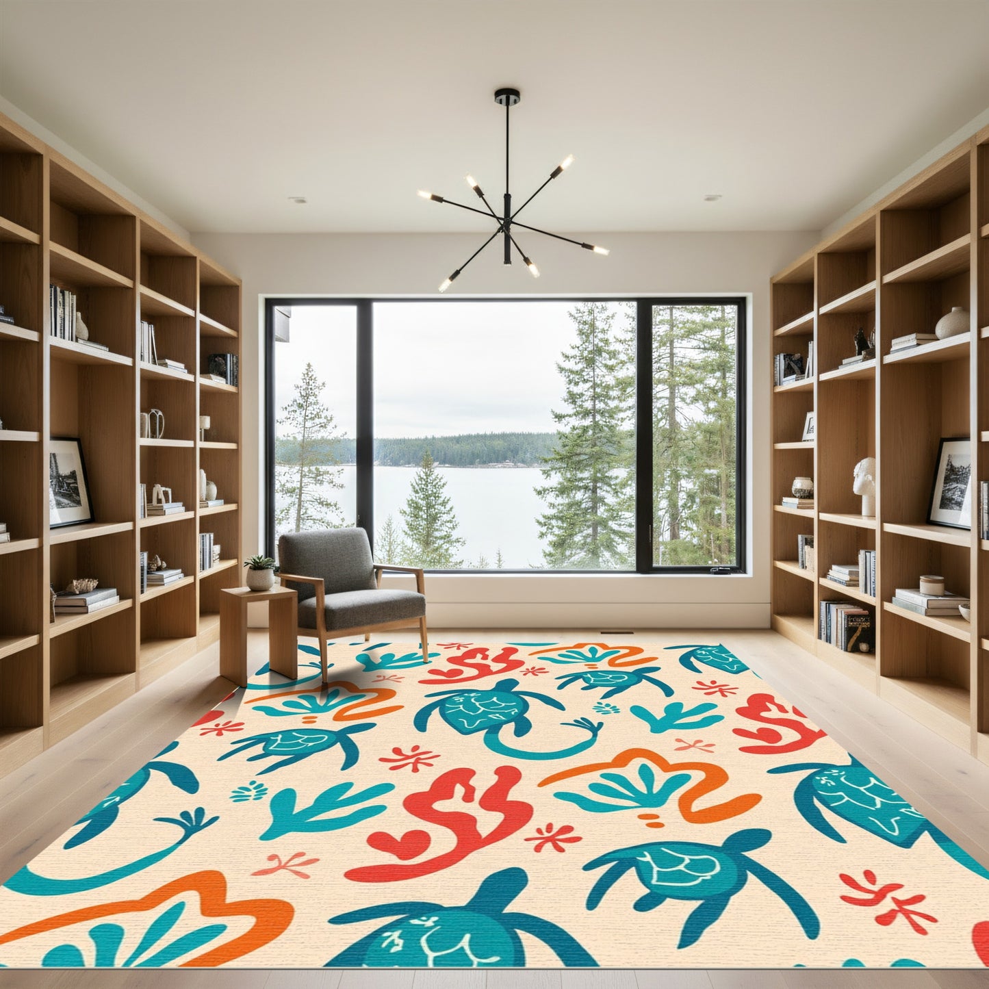 Whimsical Turtle Coral Seaweed Scene Rug