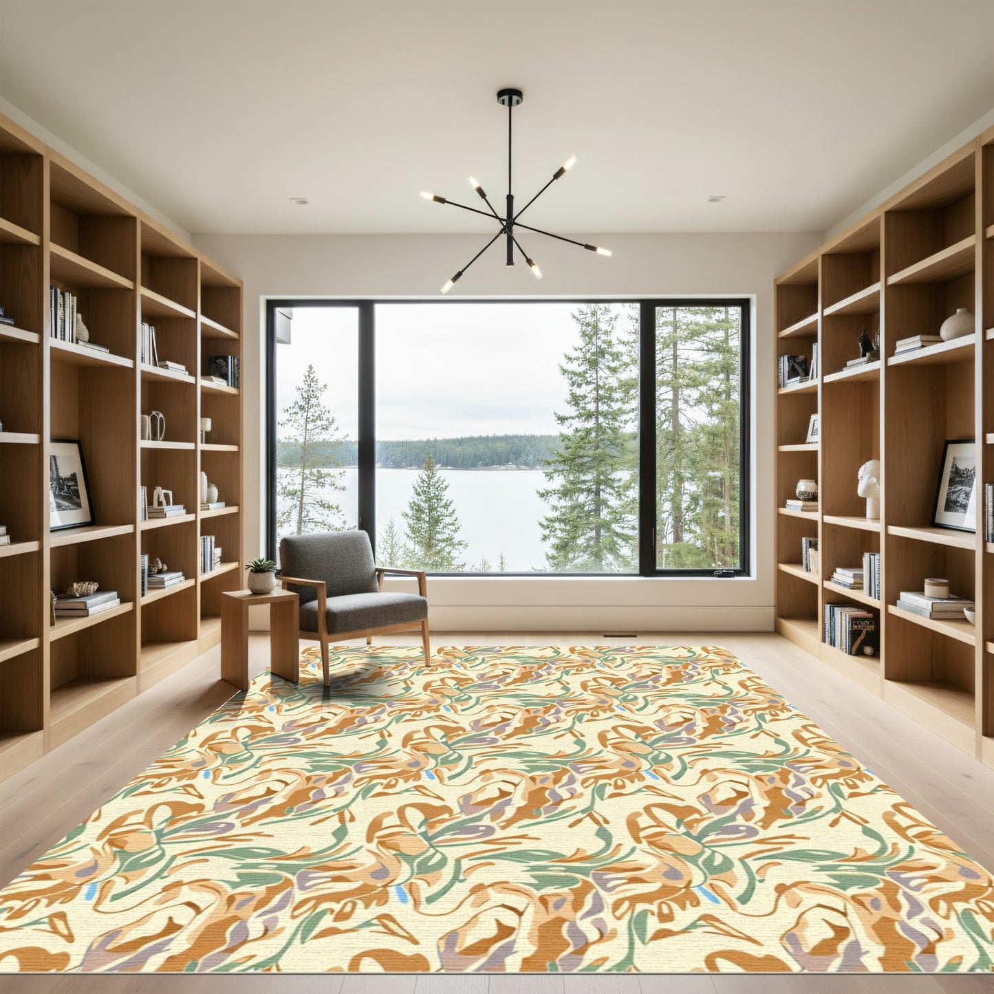 Earthy Abstract Swirl Botanical Arrangement Rug