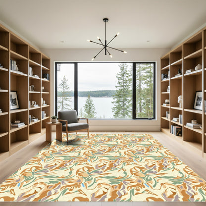 Earthy Abstract Swirl Botanical Arrangement Rug