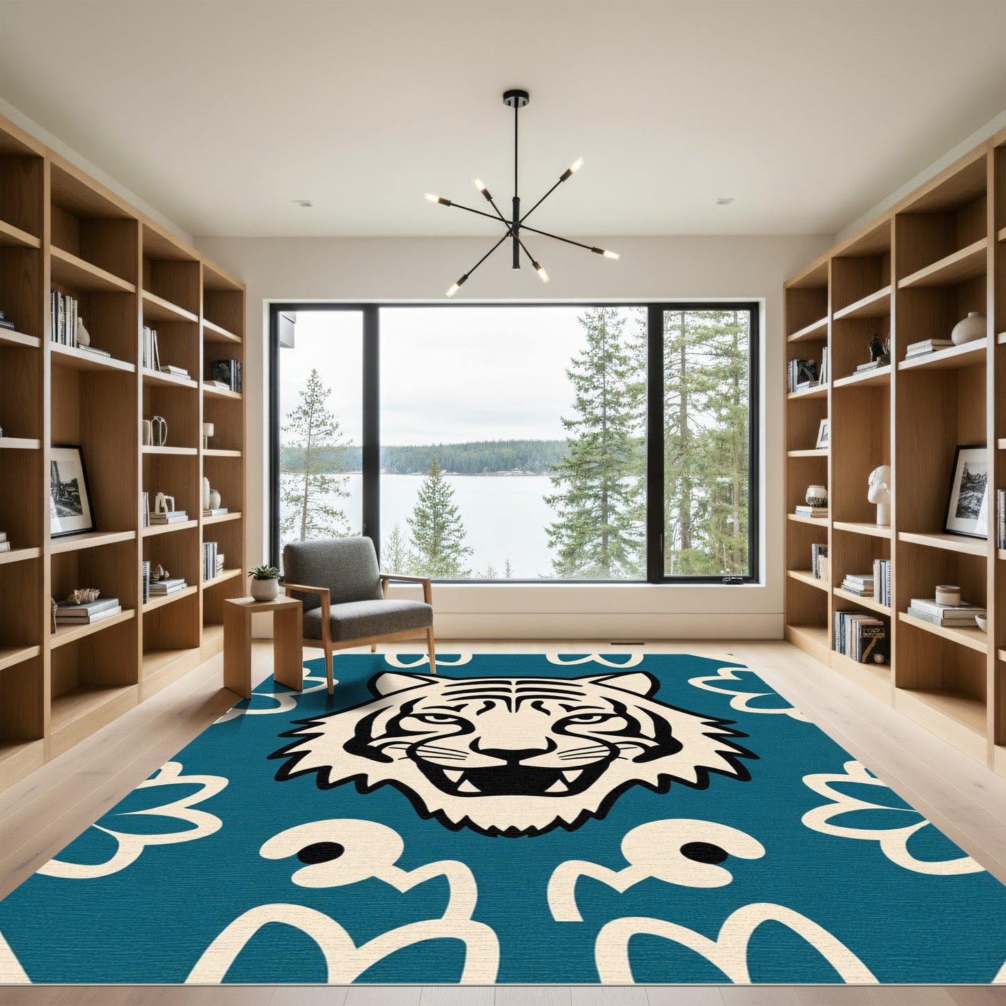 Bold Teal Cream Tiger Floral Rug