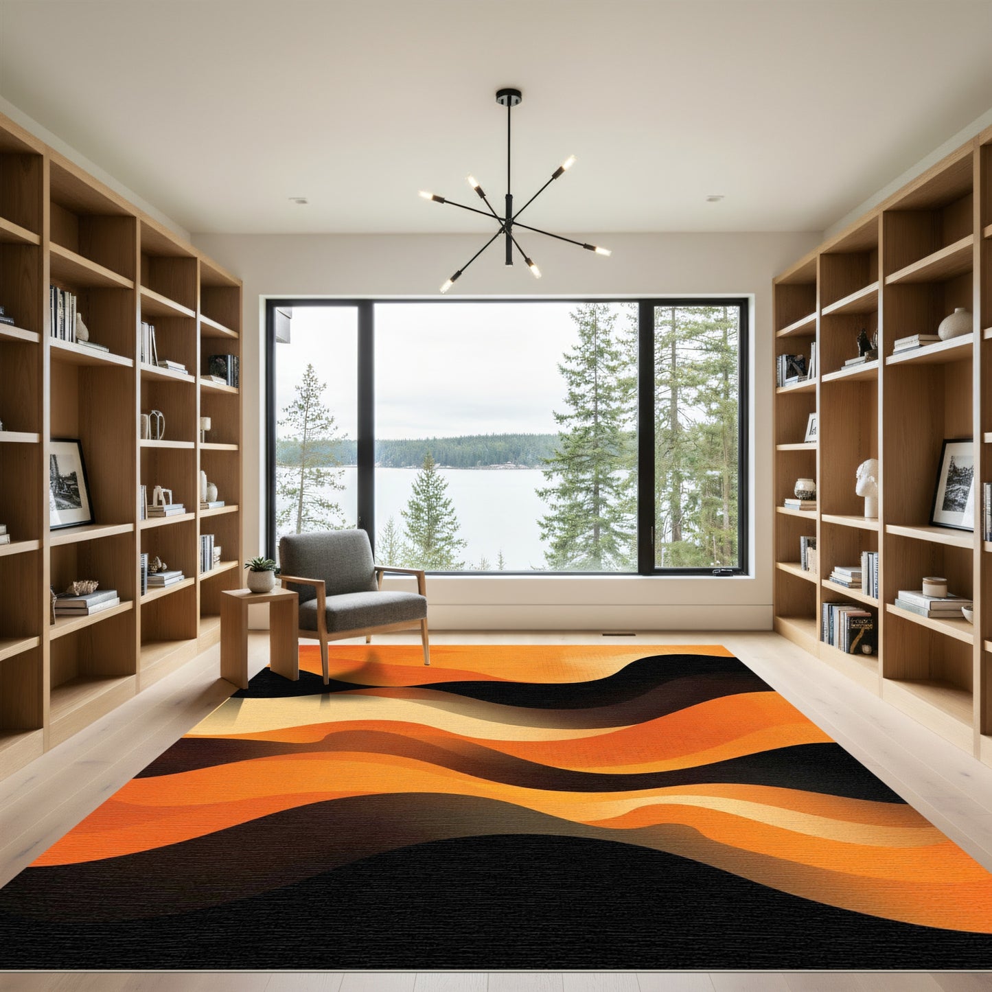 Modern Orange Black Flowing Waves Rug