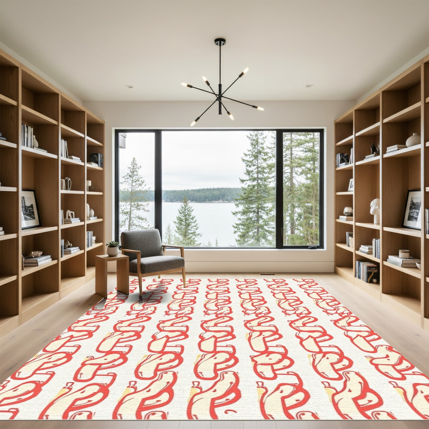 Coral Red Abstract Calligraphy Tassel Rug