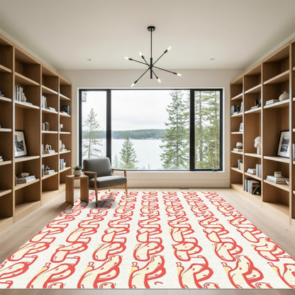 Coral Red Abstract Calligraphy Tassel Rug