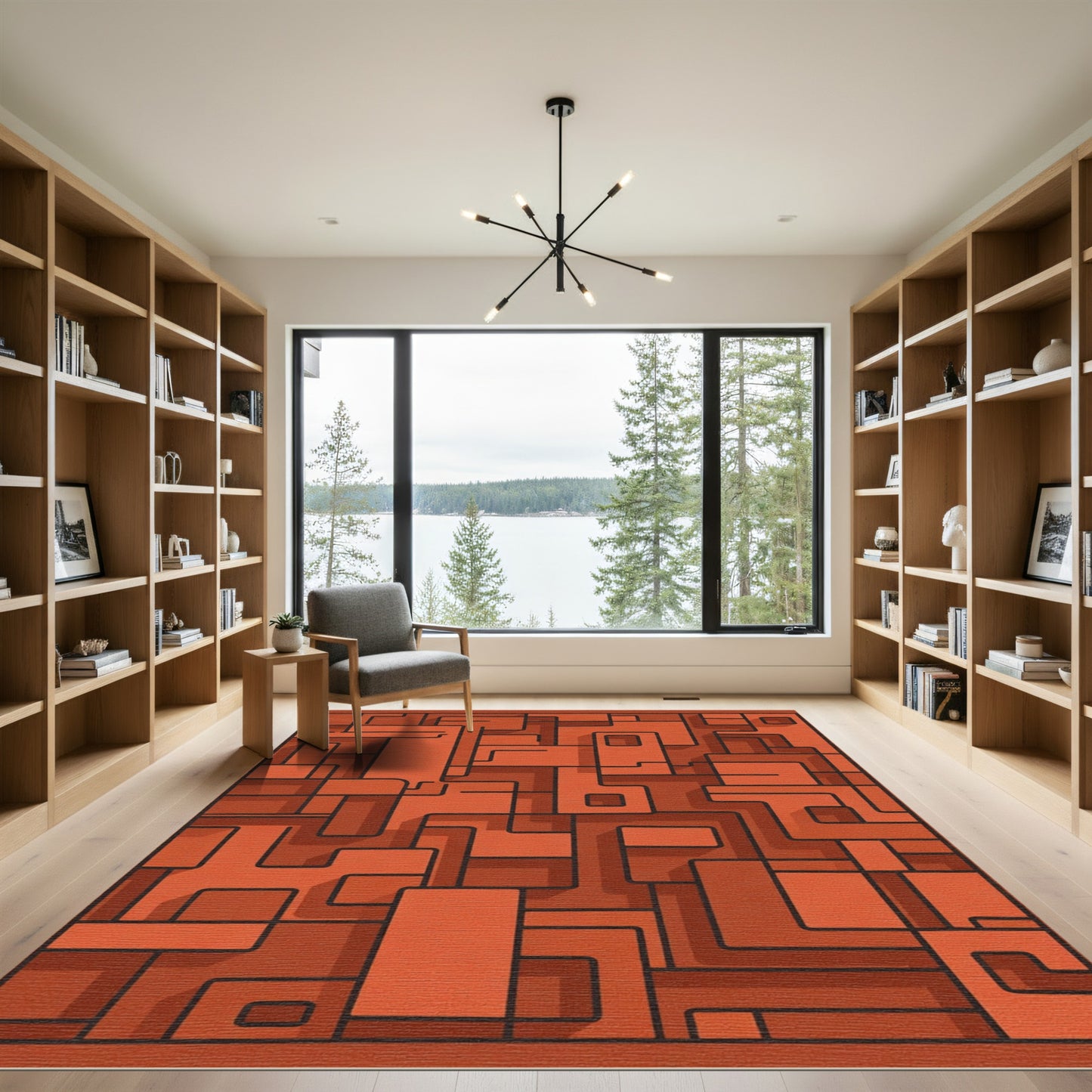 Orange Abstract Geometric Maze Rug