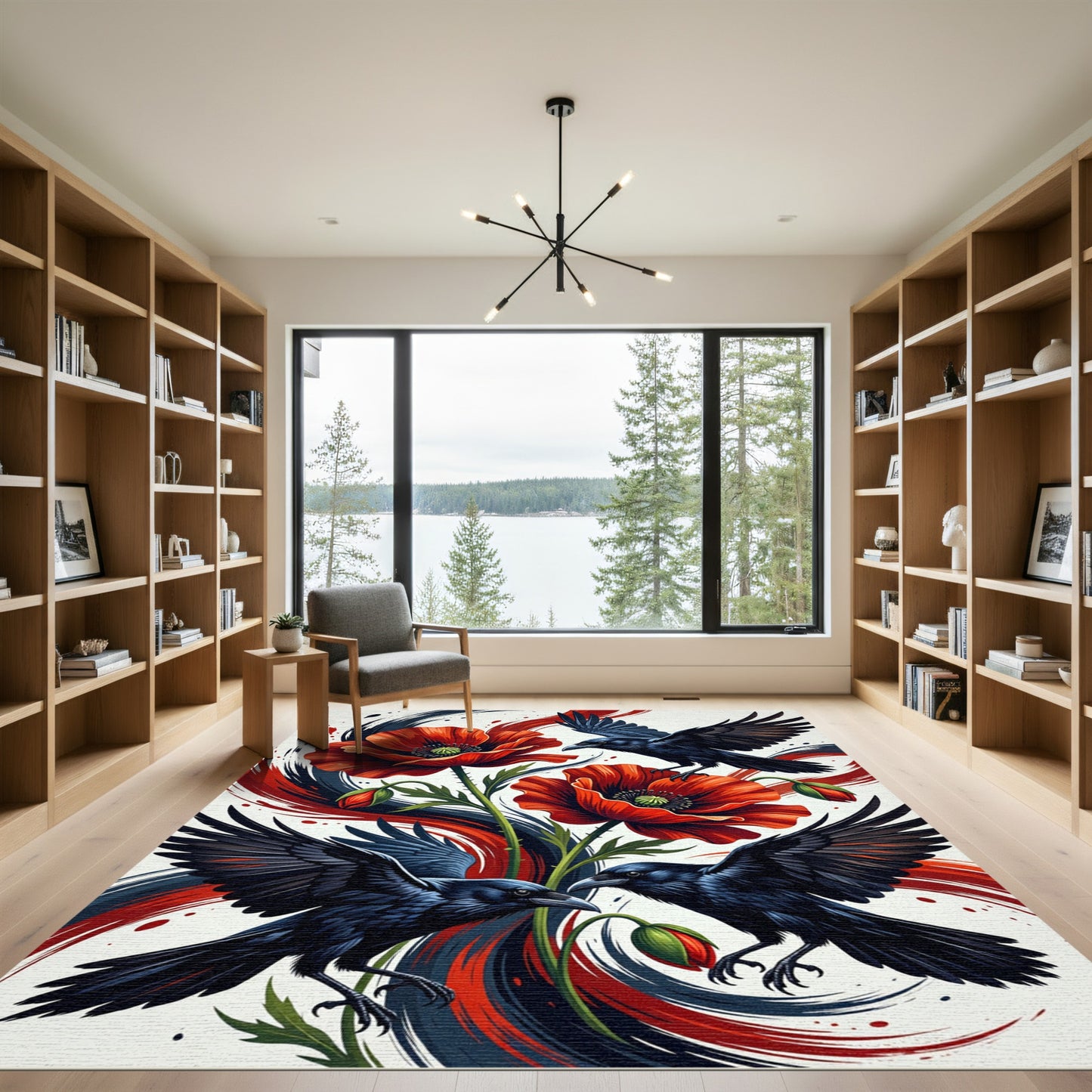 Dramatic Red Poppy Dark Raven Abstract Rug