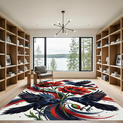 Dramatic Red Poppy Dark Raven Abstract Rug