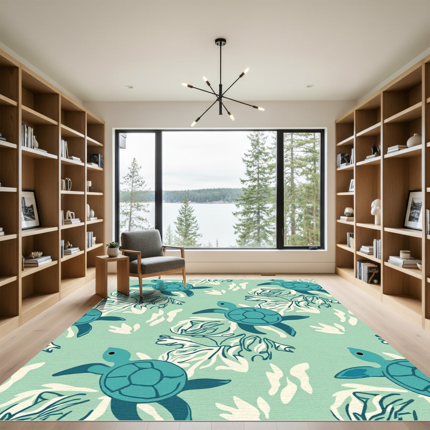 Aqua Sea Turtle Botanical Scene Rug