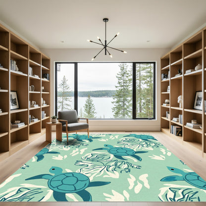 Aqua Sea Turtle Botanical Scene Rug