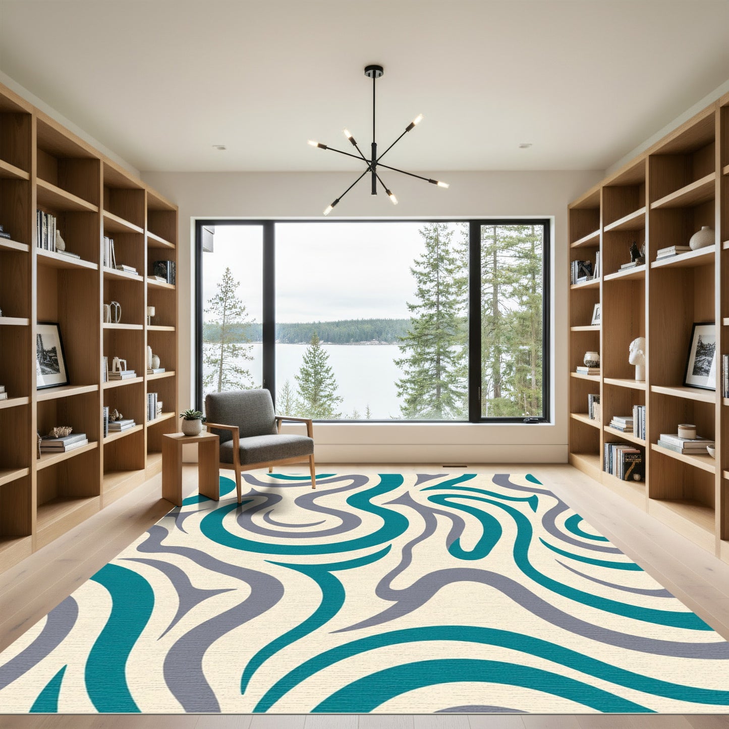 Teal Gray Flow Abstract Line Rug
