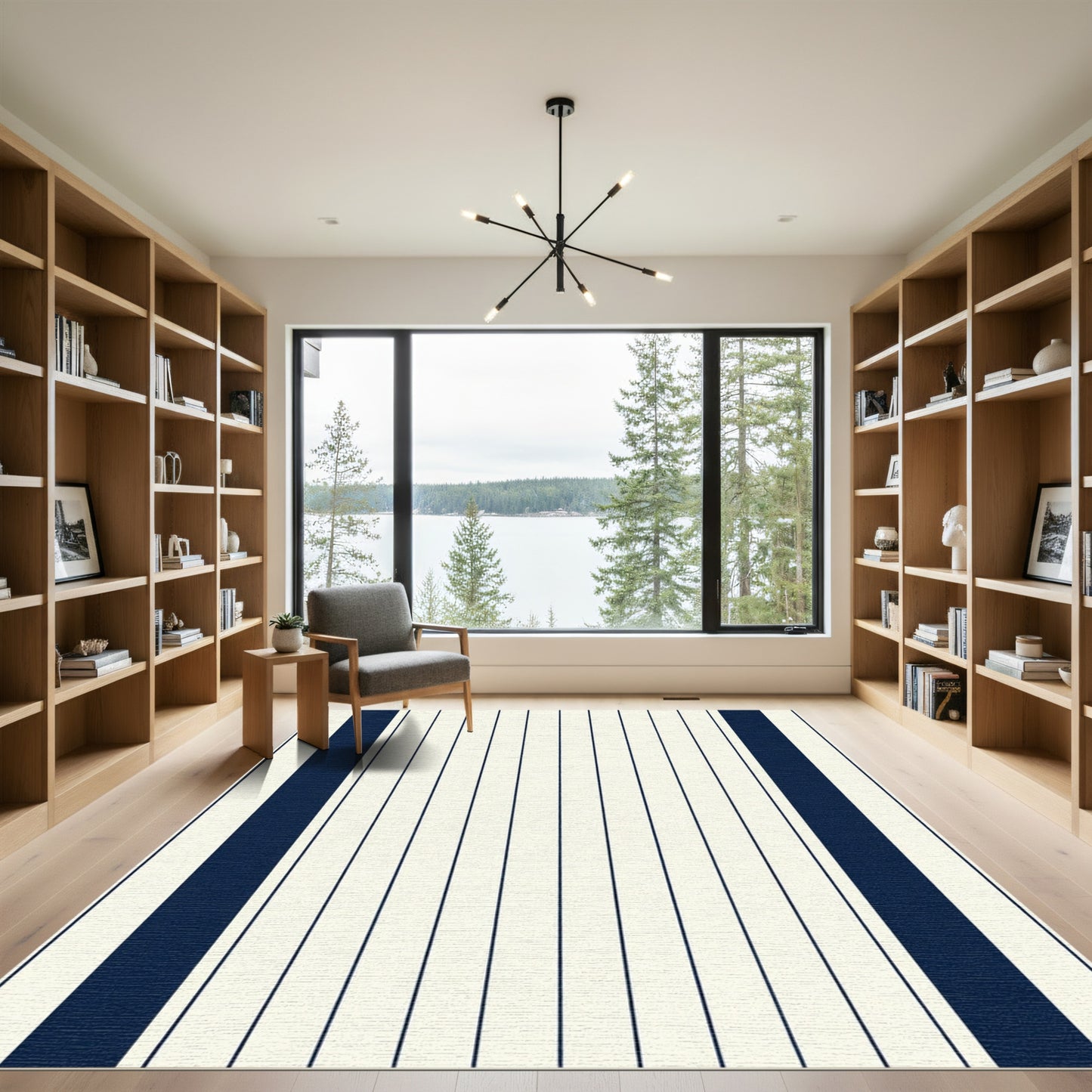 Deep Navy Cream Vertical Stripe Rug