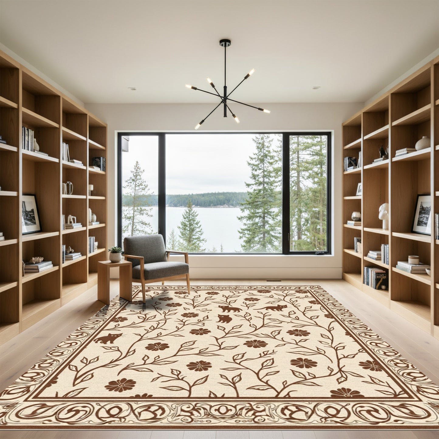Brown Woodland Cat Floral Tapestry Rug