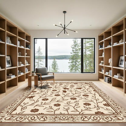 Brown Woodland Cat Floral Tapestry Rug