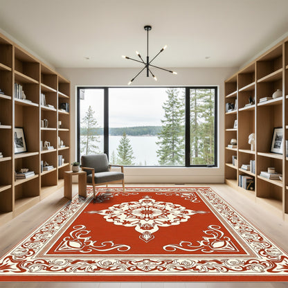 Terracotta Ivory Medallion Floral Border Rug