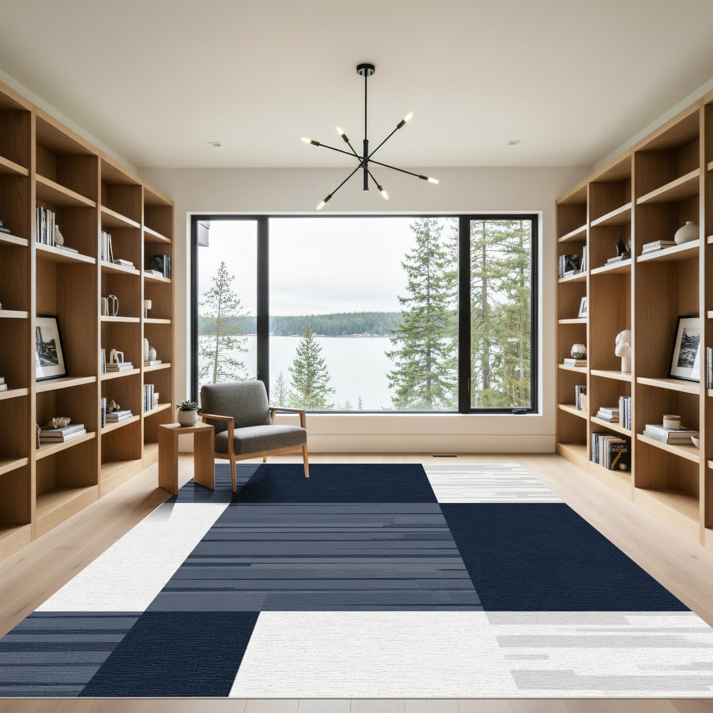 Deep Blue Horizontal Lined Blocks Rug