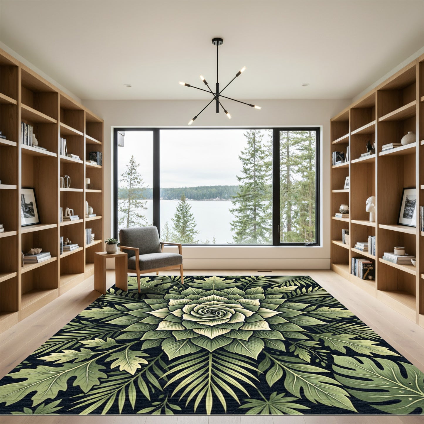 Lush Botanical Sage Green Fern Medallion Rug