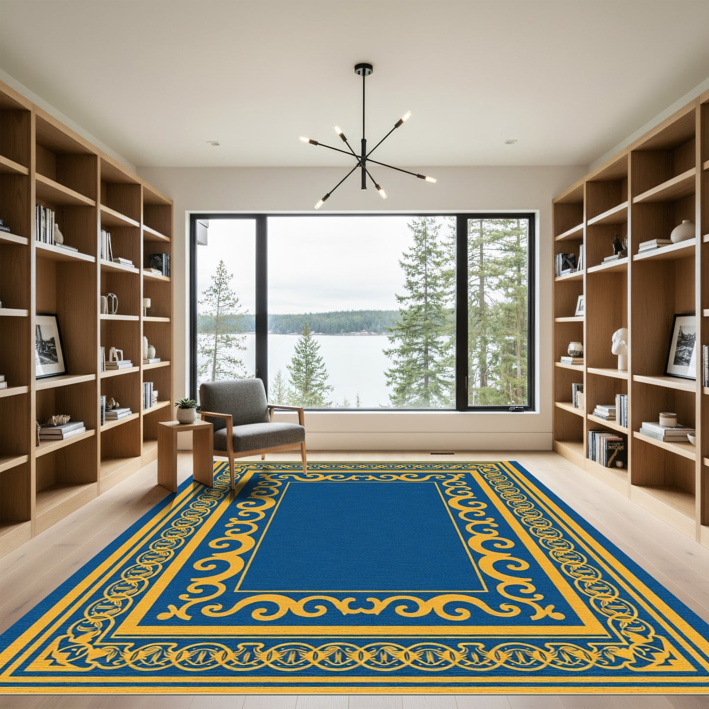 Gold Blue Ornate Scroll Frame Rug