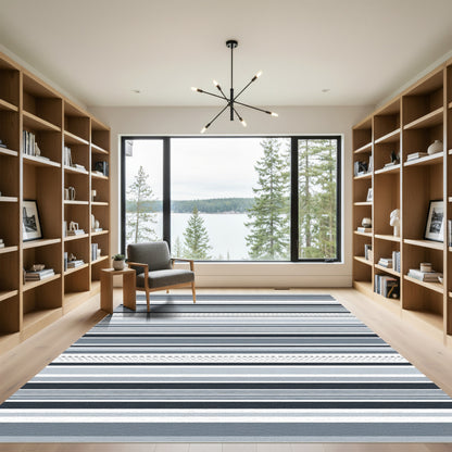 Modern Grayscale Striped Geometric Rug