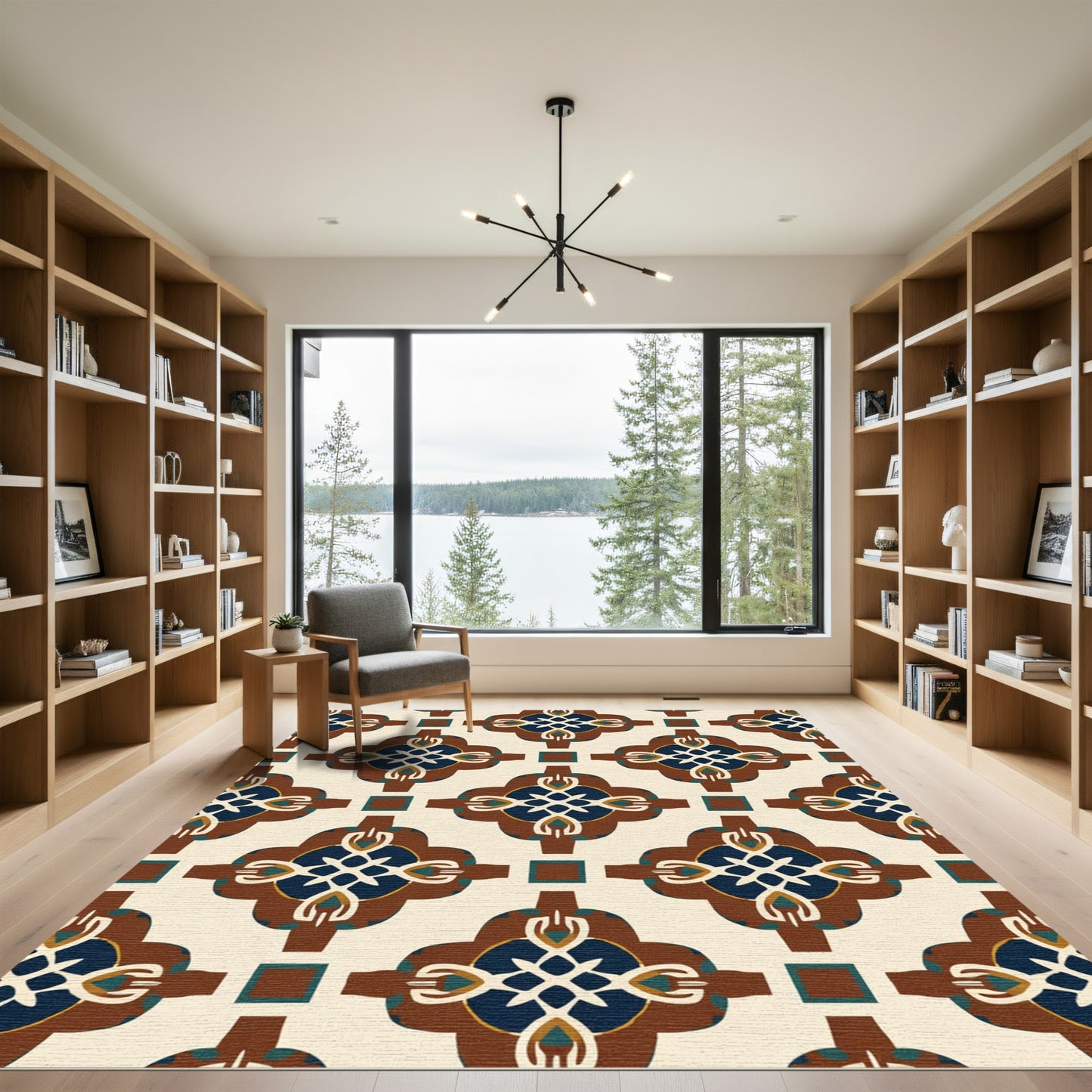 Maroon Blue Cream Quatrefoil Tile Rug