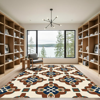 Maroon Blue Cream Quatrefoil Tile Rug
