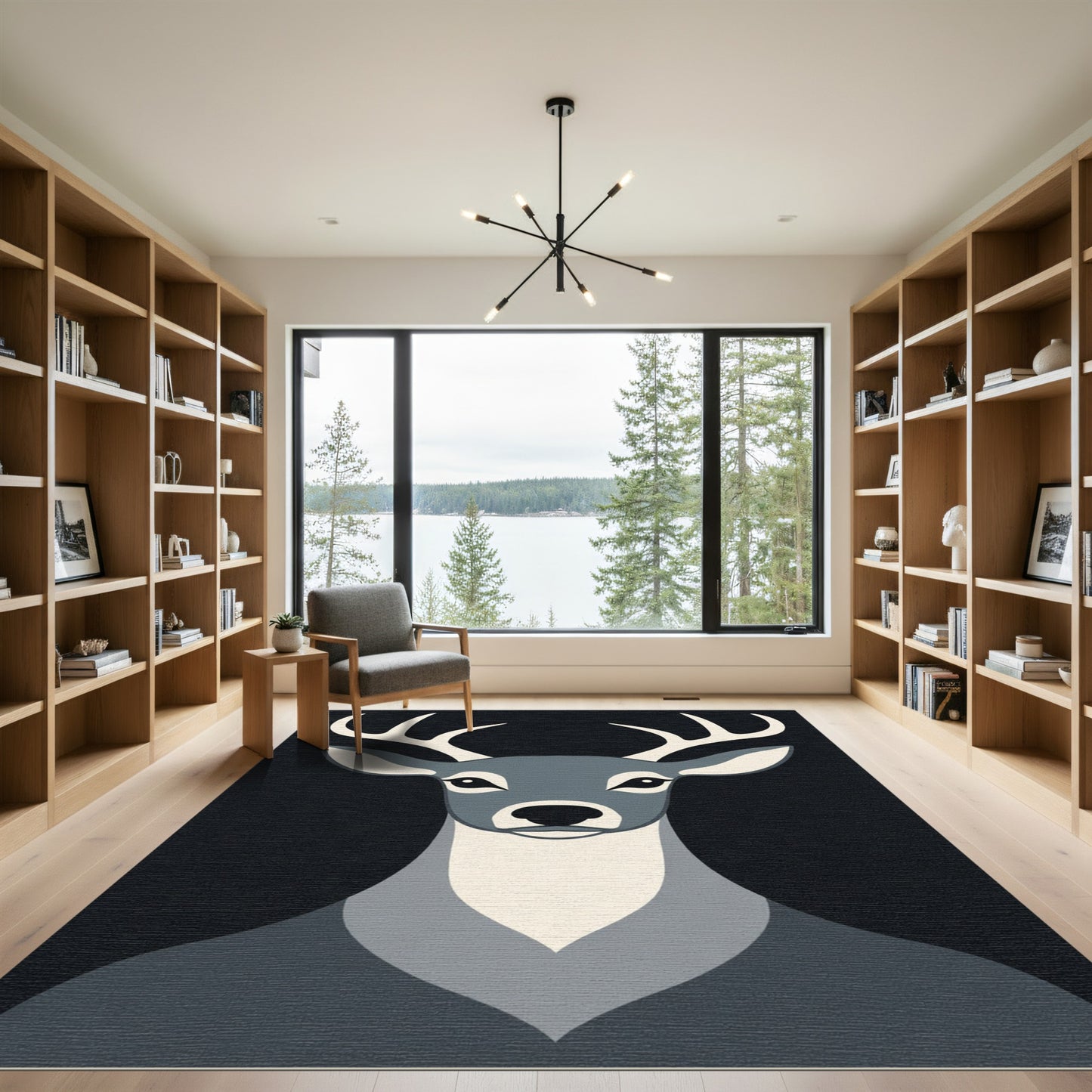 Modern Gray Deer Portrait Rug
