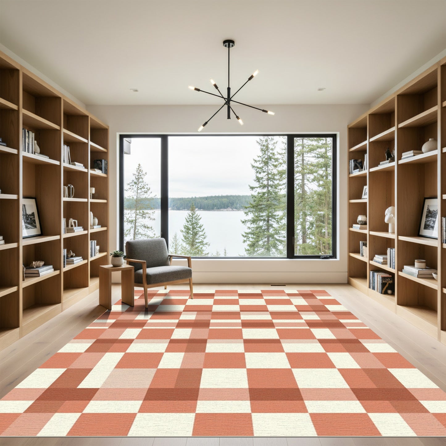 Terracotta Cream Checkered Squares Rug