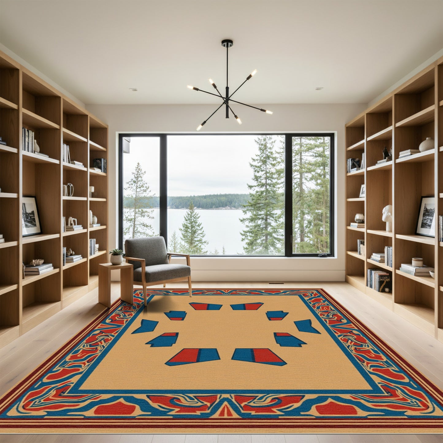 Amber and Crimson Geometric Border Rug