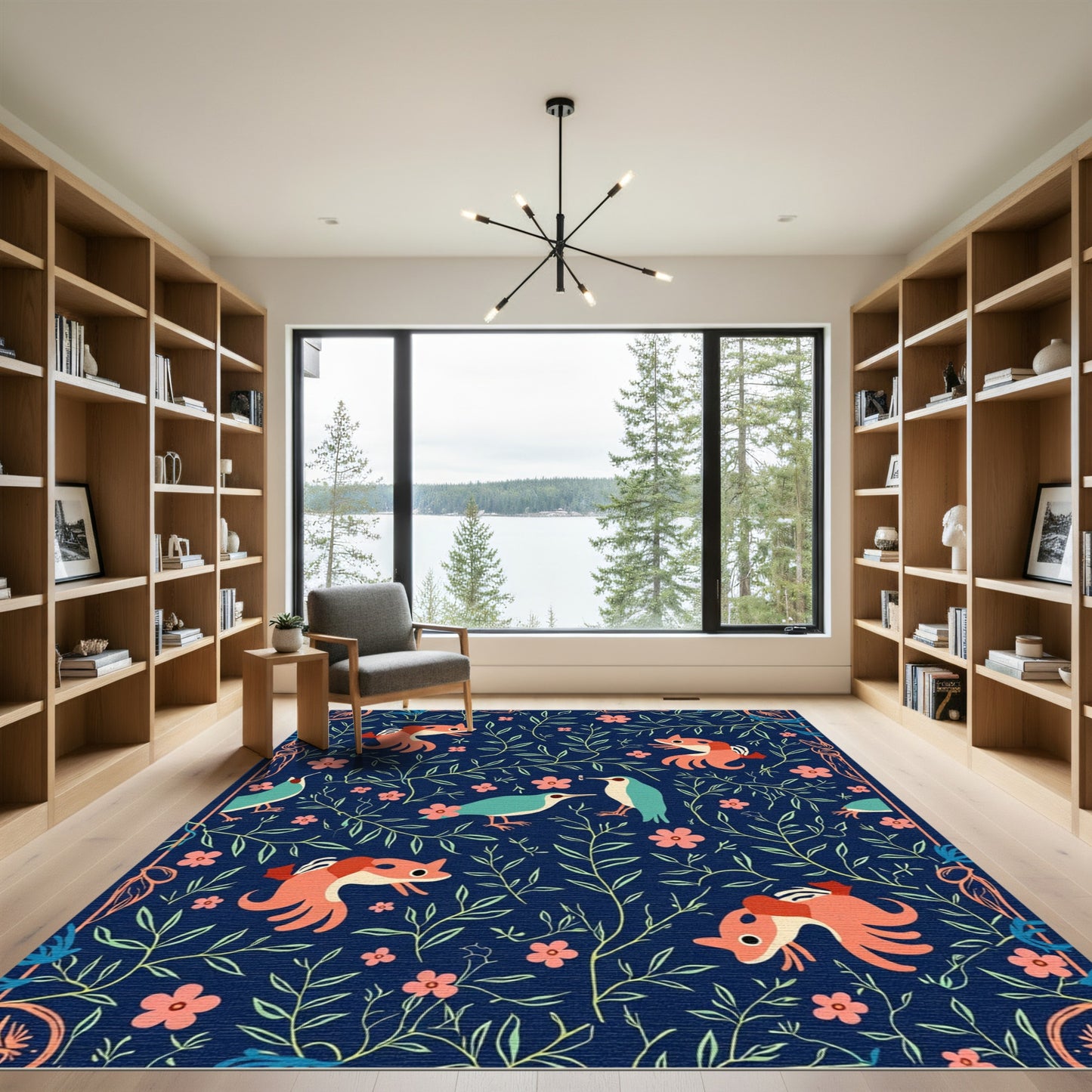 Whimsical Birds and Foxes Floral Garden Rug