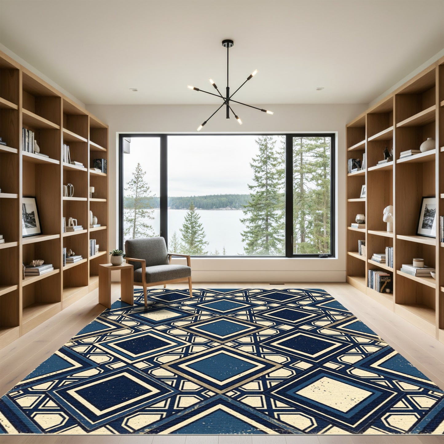 Navy and Ivory Geometric Diamond Lattice Rug
