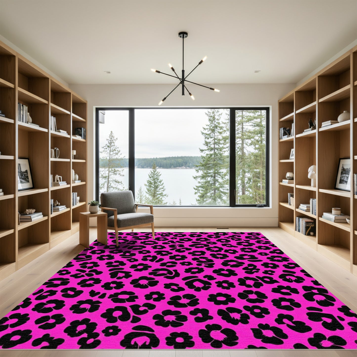 Fuchsia Black Flower Leopard Print Rug