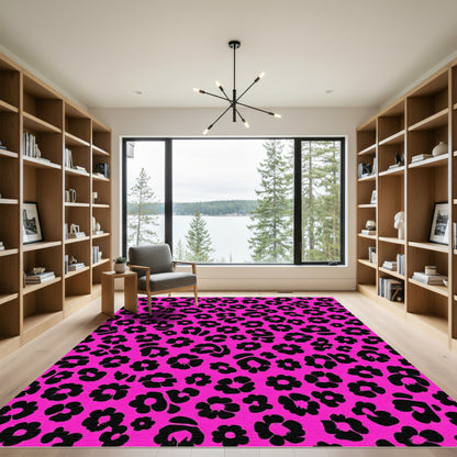 Fuchsia Black Flower Leopard Print Rug