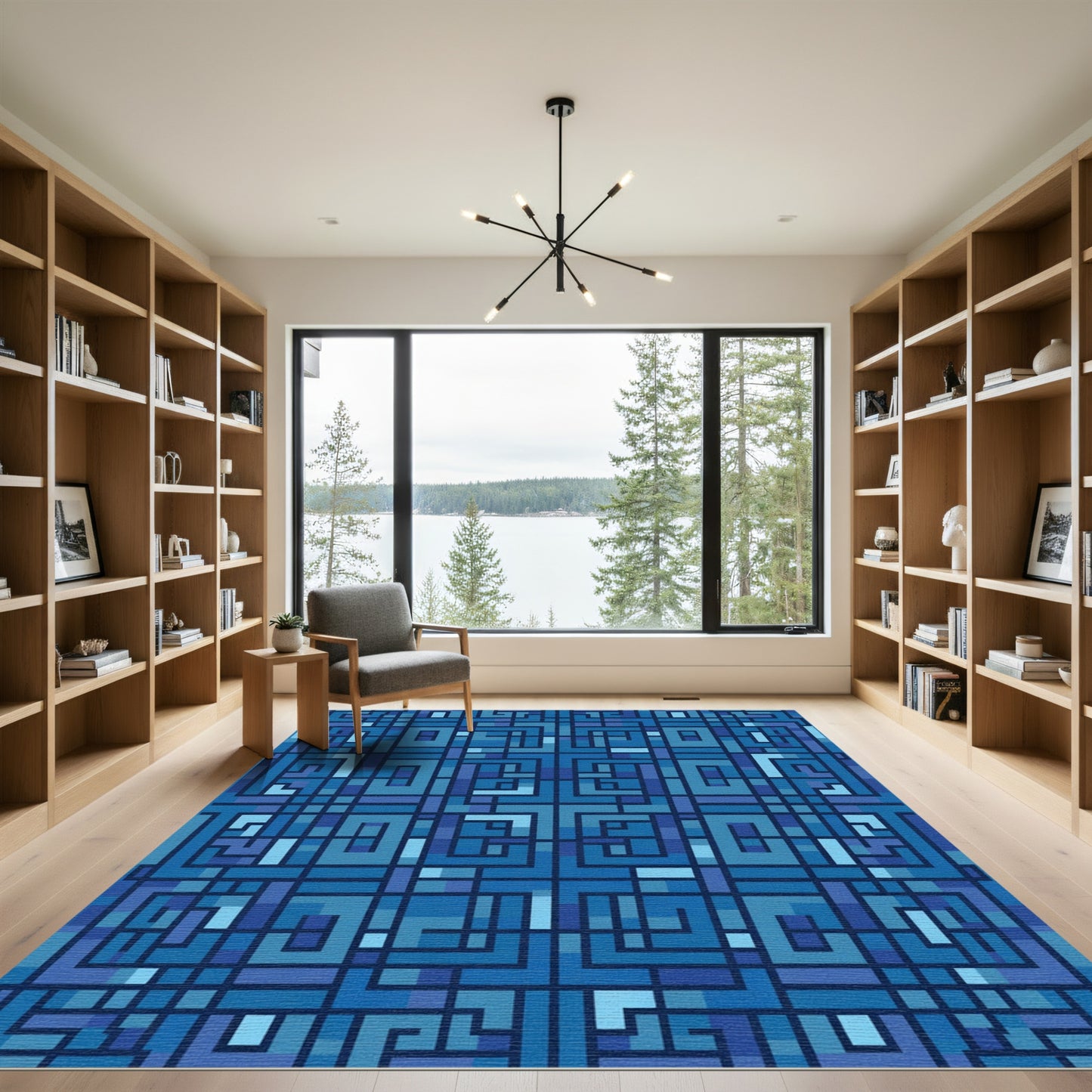 Deep Blue Geometric Maze Rug